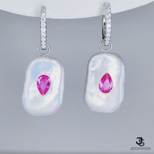 Dopamine Rose Red Ruby, Sapphire & Baroque Pearl Hoops