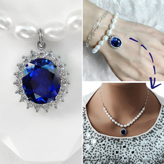 10*12mm Oval Sapphire/Ruby Halo Pendant Multiway Necklace⇄Bracelet