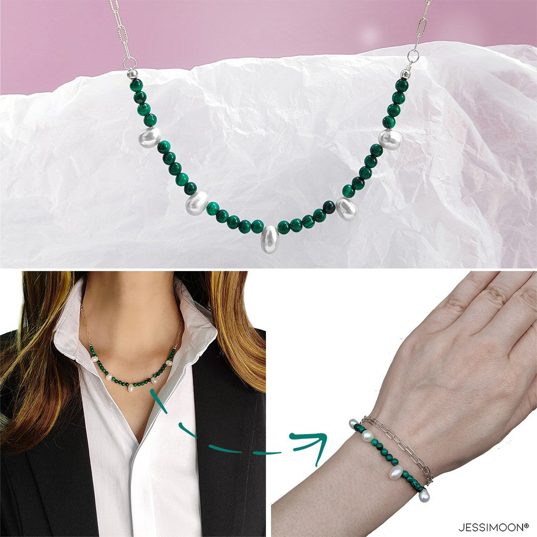 Green Malachite Beads and Pear Pearls Multiway Bracelet⇄Necklace