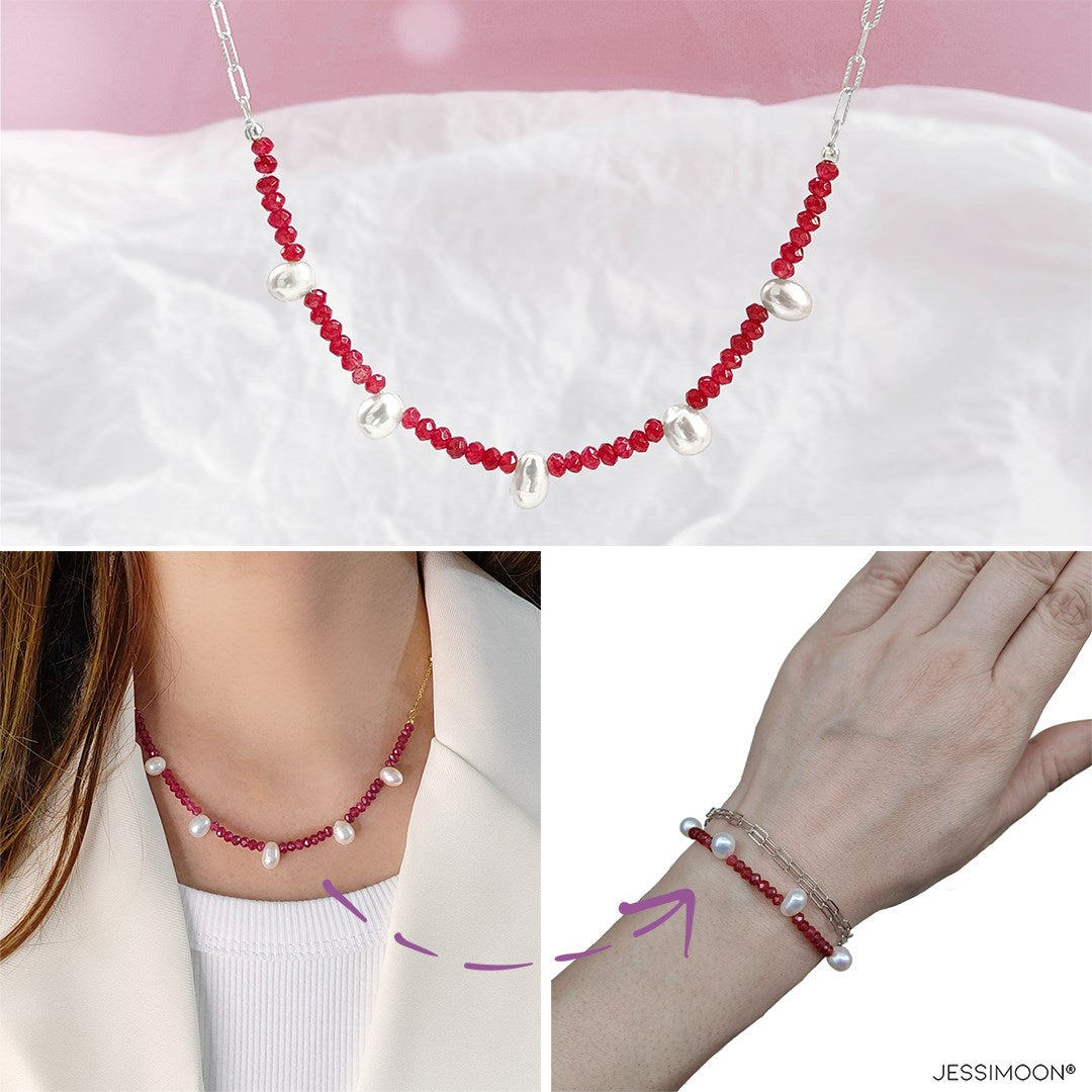 Ruby Beads and Pear Pearls Multiway Bracelet⇄Necklace