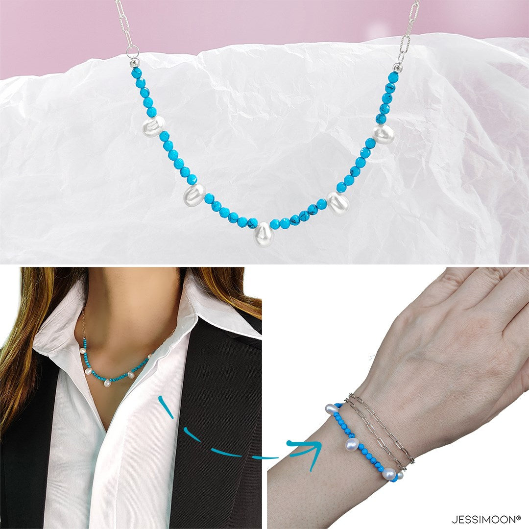 Blue Magnesite Beads and Pear Pearls Multiway Bracelet⇄Necklace