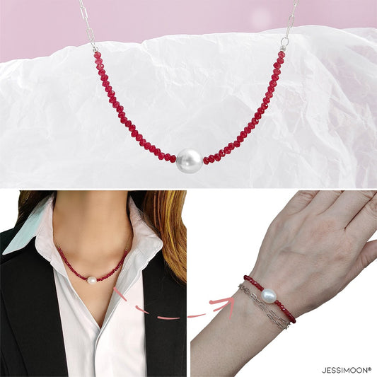 Ruby Beads and 10mm Oval Pearl Multiway Bracelet⇄Necklace