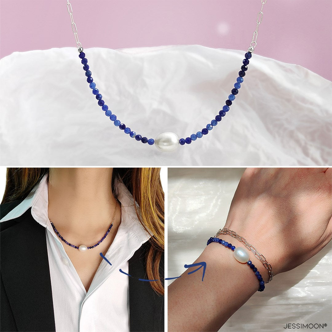 Blue Sapphire Beads and 10mm Oval Pearl Multiway Bracelet⇄Necklace