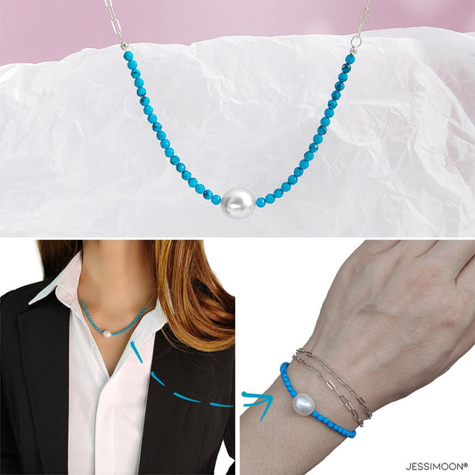 Blue Magnesite Beads and 10mm Oval Pearl Multiway Bracelet⇄Necklace