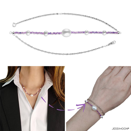 Tiny Amethyst Beads and 6-10mm Pearls Multiway Bracelet⇄Necklace