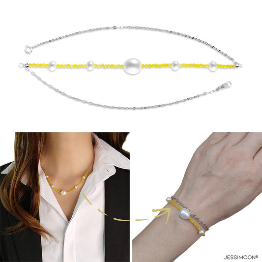 Tiny Yellow Chalcedony Beads and 6-10mm Pearls Multiway Bracelet⇄Necklace