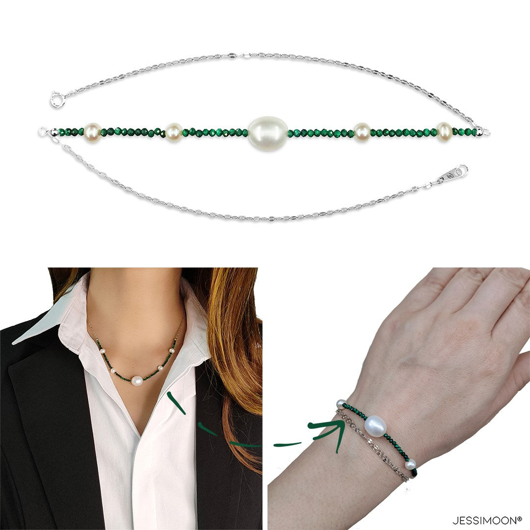 Tiny Malachite Beads and 6-10mm Pearls Multiway Bracelet⇄Necklace