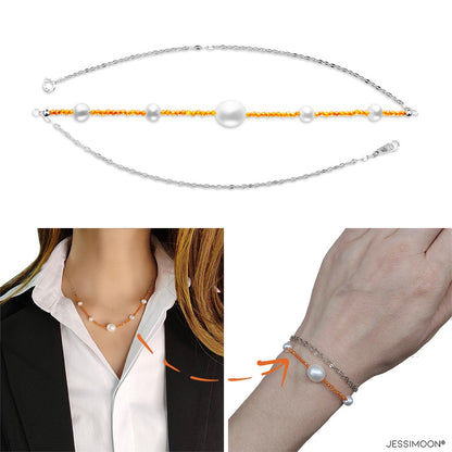 Tiny Orange CZ Beads and 6-10mm Pearls Multiway Bracelet⇄Necklace