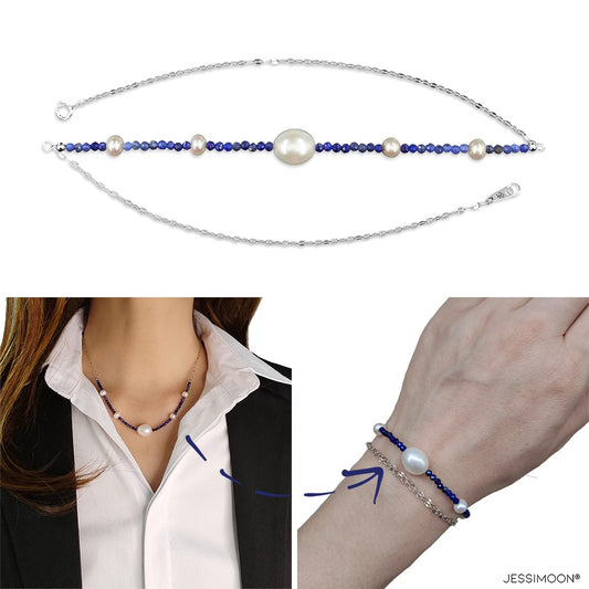 Tiny Blue Sapphire Beads and 6-10mm Pearls Multiway Bracelet⇄Necklace