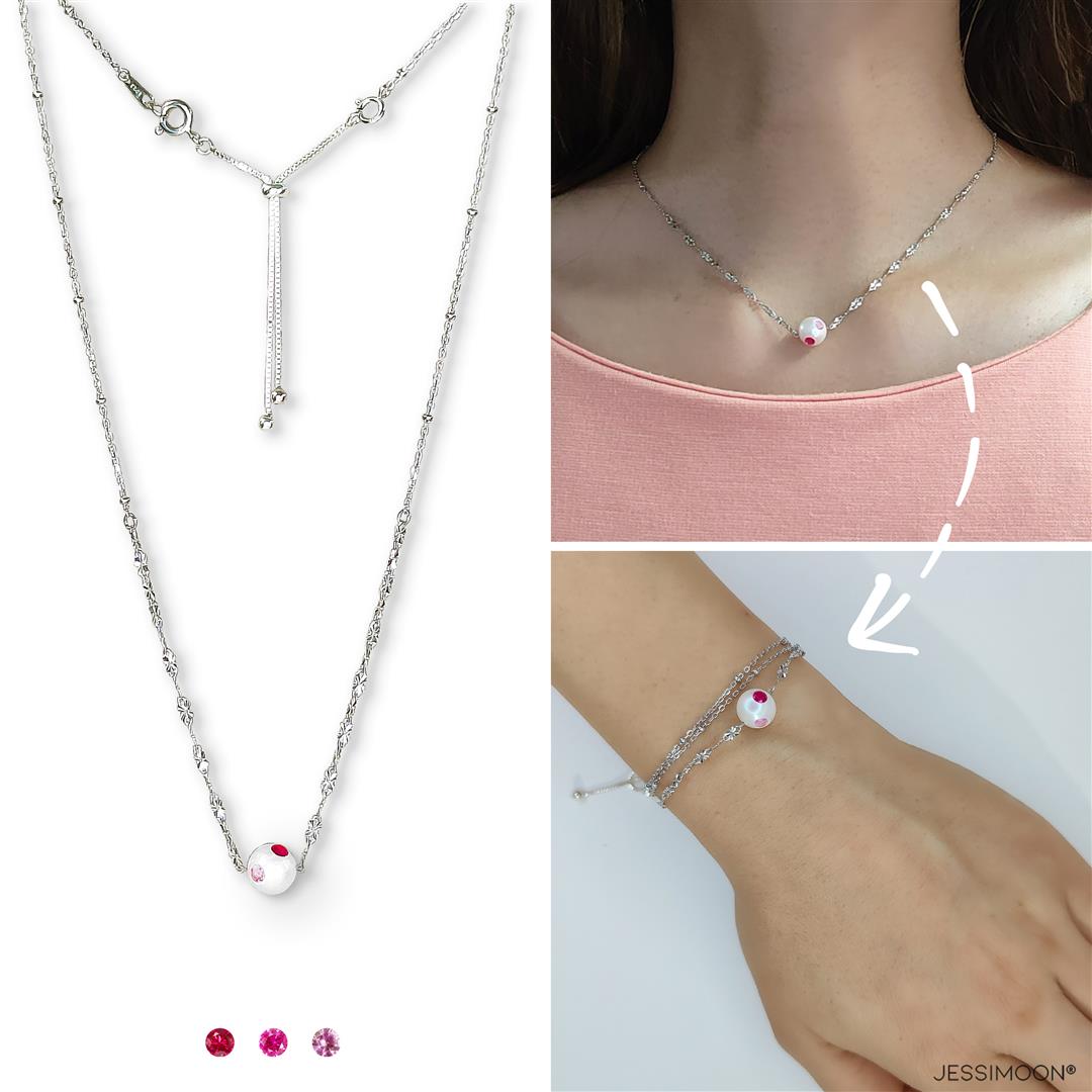 9mm Pearl & 3mm Pink Sapphire /Ruby Multiway Necklace⇄Bracelet