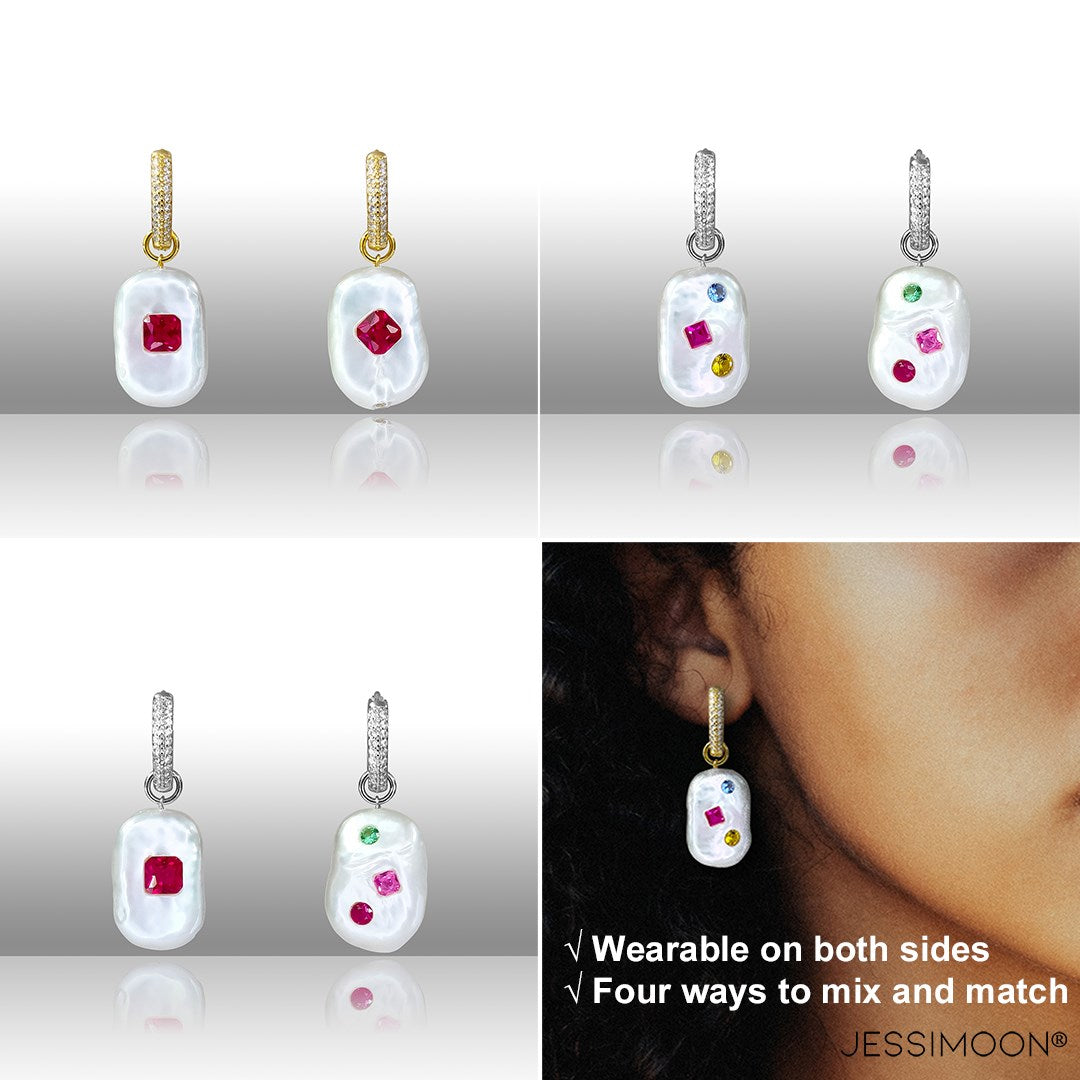 Dopamine Red Ruby, Sapphire & Baroque Pearl Hoop Earrings-JESSIMOON