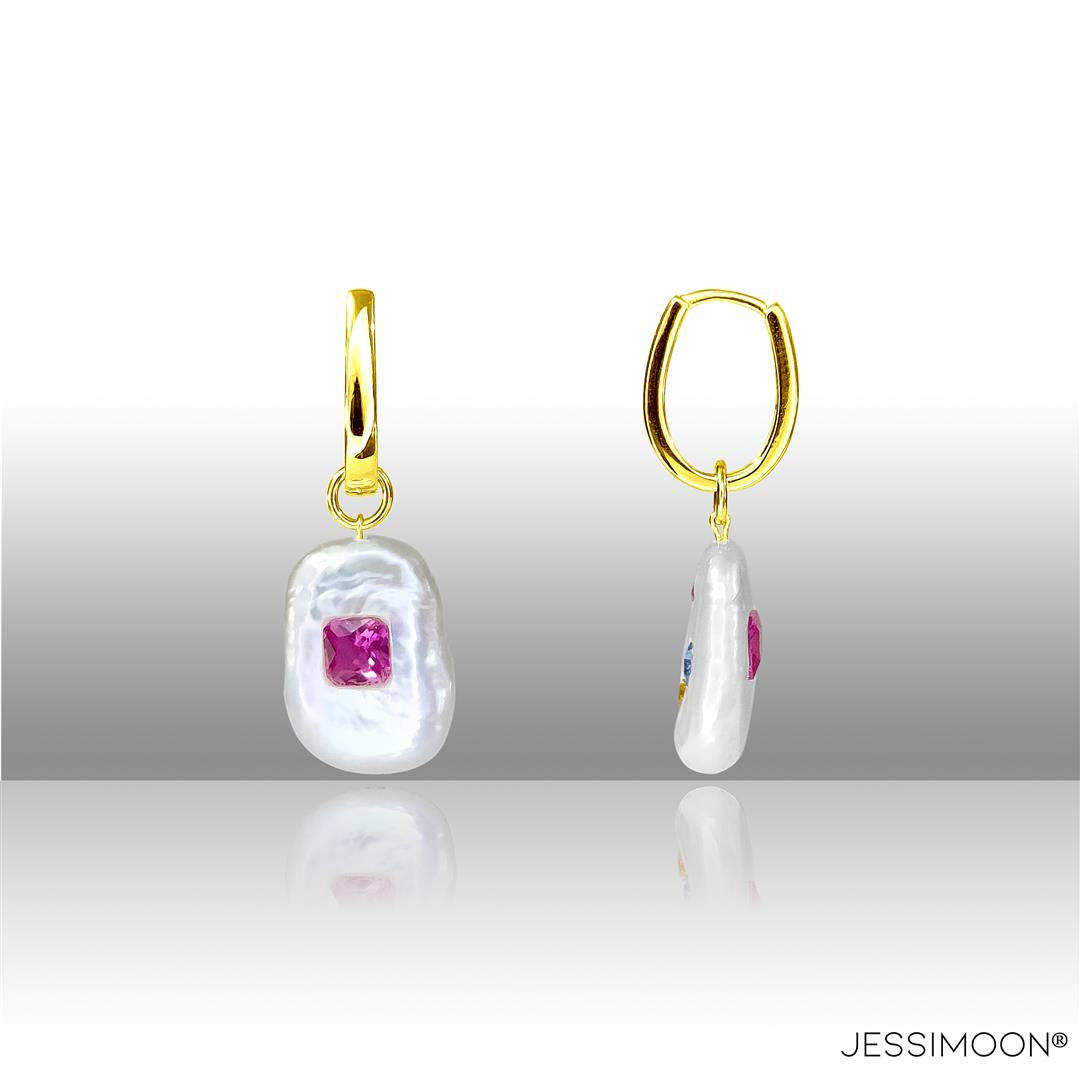 Dopamine Rose Red Ruby, Sapphire & Baroque Pearl Hoop Earrings