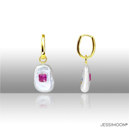 Dopamine Rose Red Ruby, Sapphire & Baroque Pearl Hoop Earrings