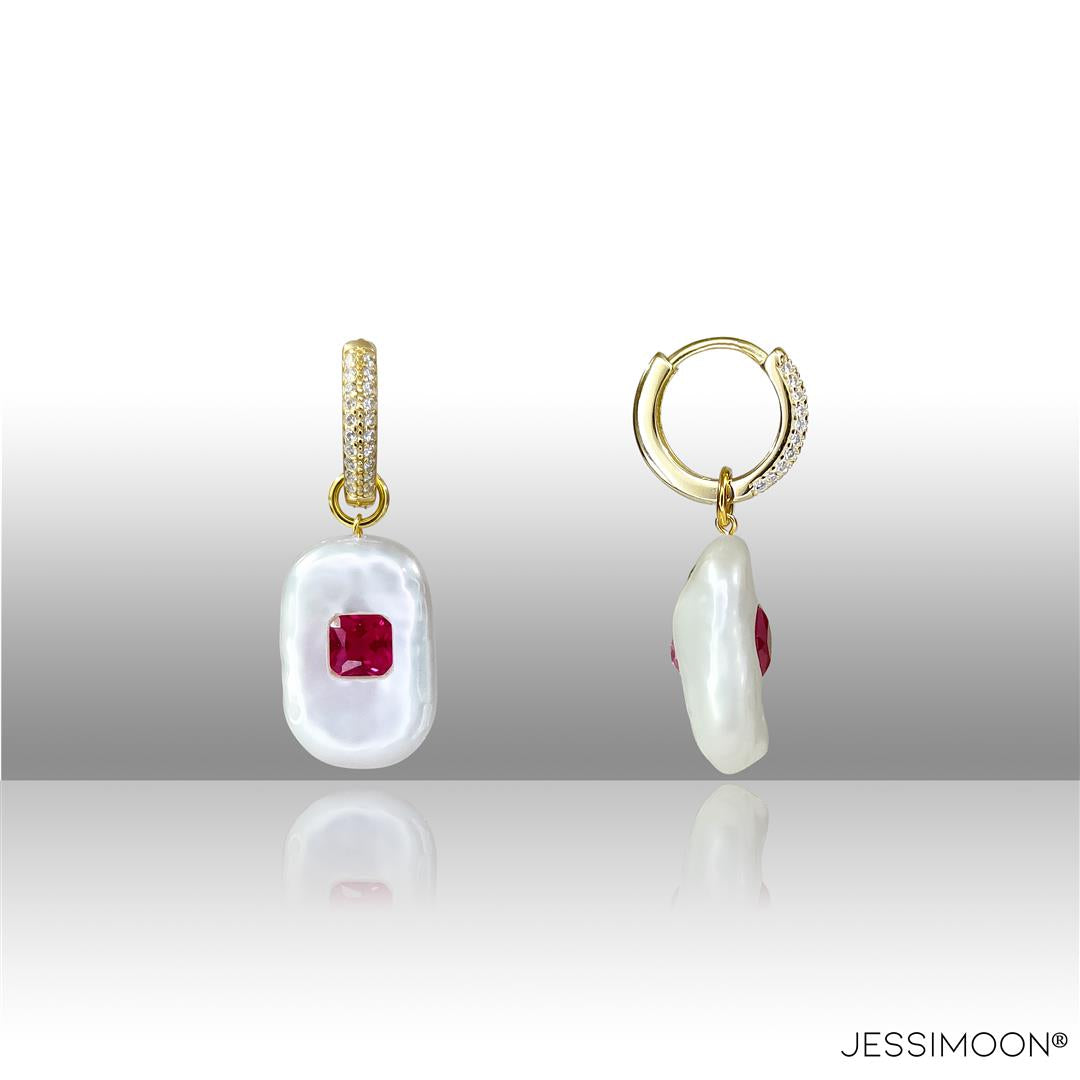 Dopamine Red Ruby, Sapphire & Baroque Pearl Hoop Earrings-golden-JESSIMOON