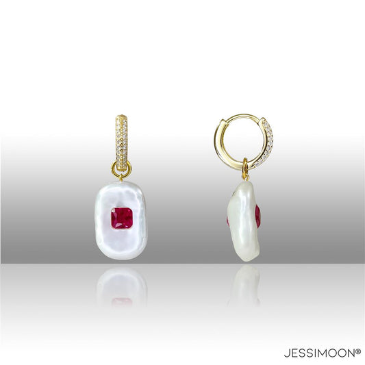 Dopamine Red Ruby, Sapphire & Baroque Pearl Hoop Earrings-golden-JESSIMOON