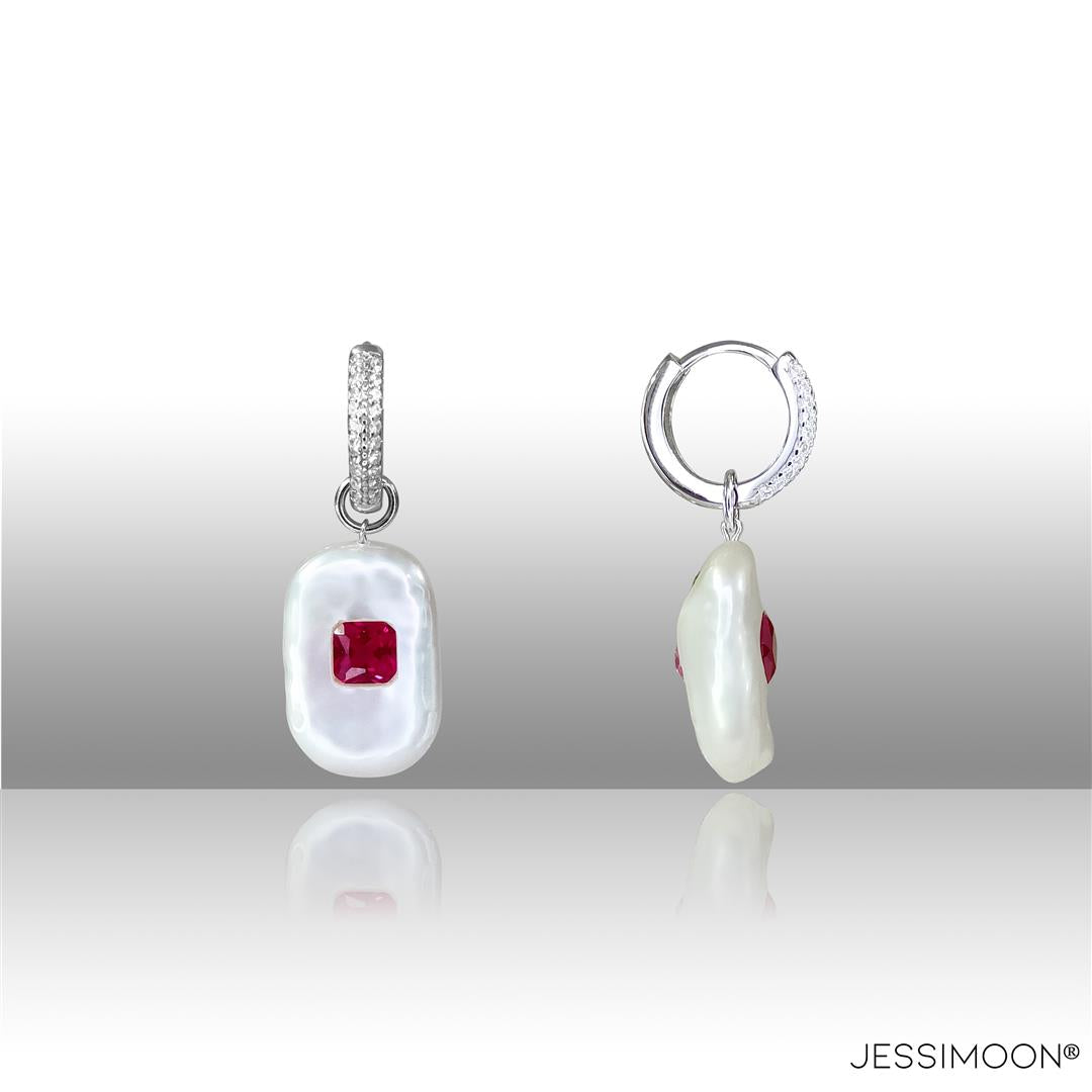 Dopamine Red Ruby, Sapphire & Baroque Pearl Hoop Earrings-platinum color-JESSIMOON