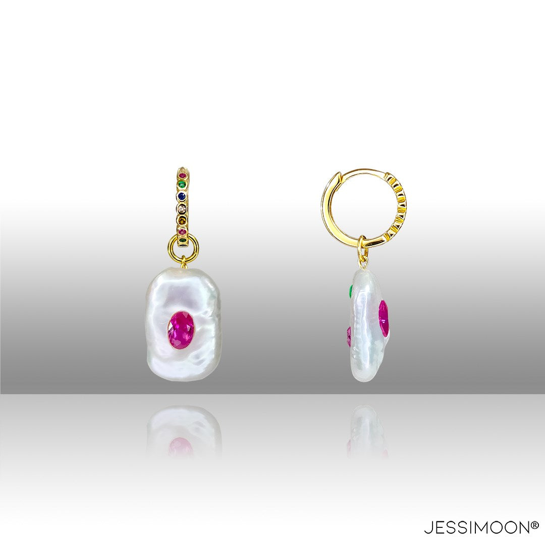 Dopamine Rose Red Ruby, Sapphire & Baroque Pearl Hoop Earrings