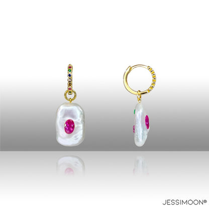 Dopamine Rose Red Ruby, Sapphire & Baroque Pearl Hoop Earrings