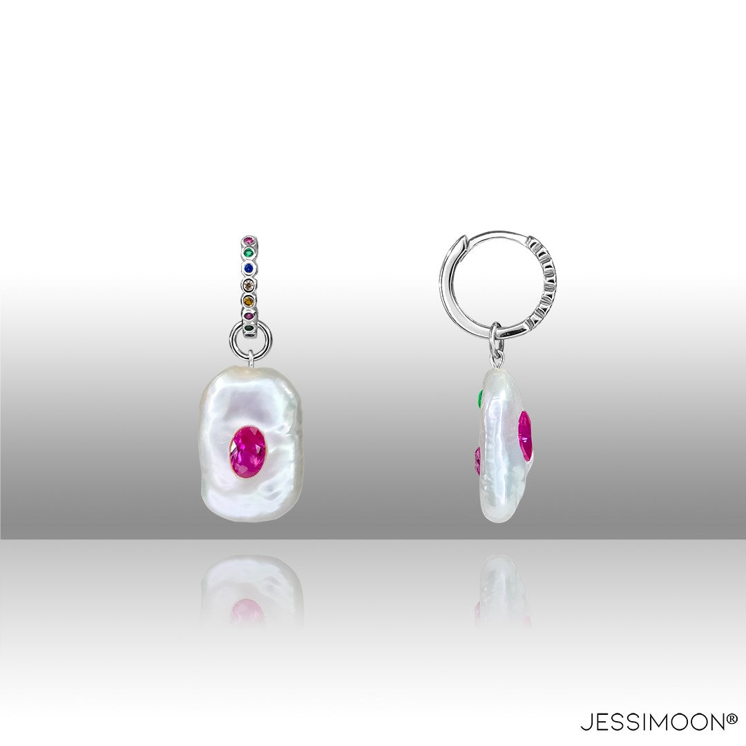 Dopamine Rose Red Ruby, Sapphire & Baroque Pearl Hoop Earrings