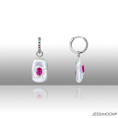 Dopamine Rose Red Ruby, Sapphire & Baroque Pearl Hoop Earrings