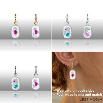 Dopamine Rose Red Ruby, Sapphire & Baroque Pearl Hoop Earrings