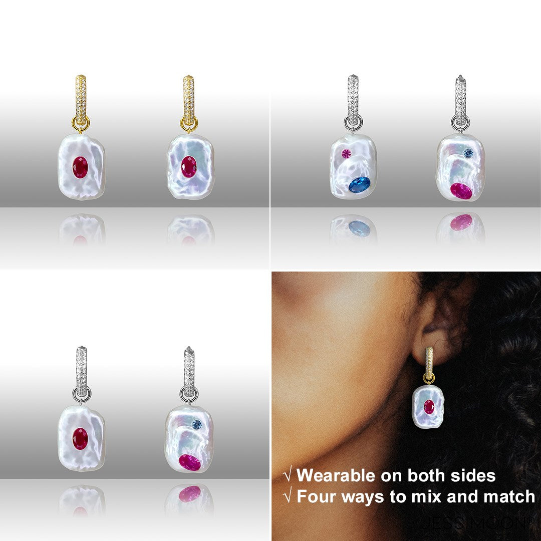 Dopamine Red Ruby, Sapphire & Baroque Pearl Hoop Earrings