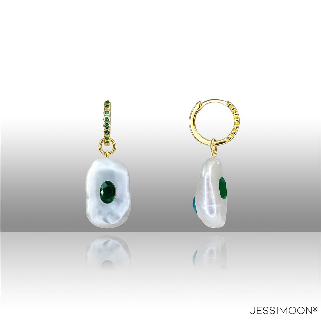 Dopamine Emerald Color Crystal, Sapphire & Baroque Pearl Hoops