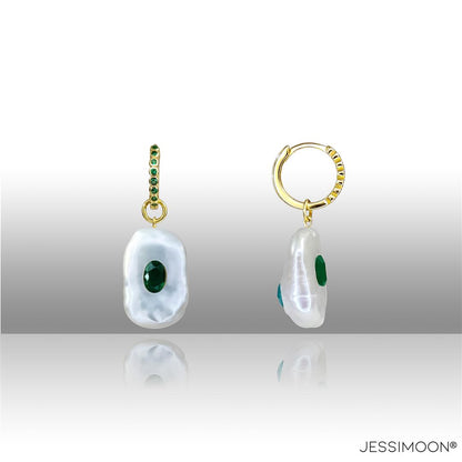 Dopamine Emerald Color Crystal, Sapphire & Baroque Pearl Hoops