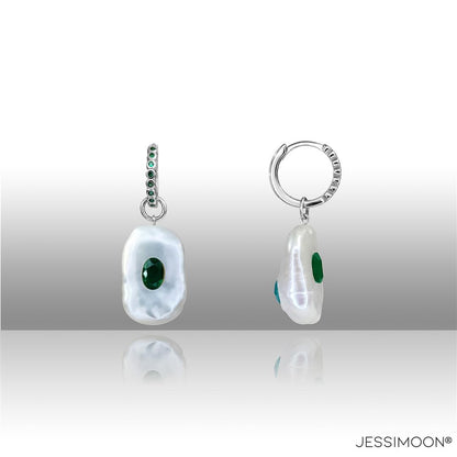 Dopamine Emerald Color Crystal, Sapphire & Baroque Pearl Hoops