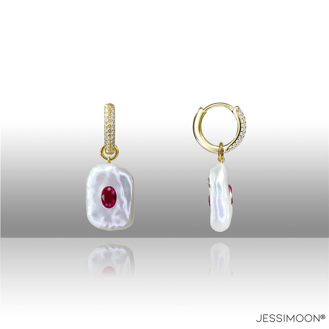 Dopamine Red Ruby, Sapphire & Baroque Pearl Hoop Earrings