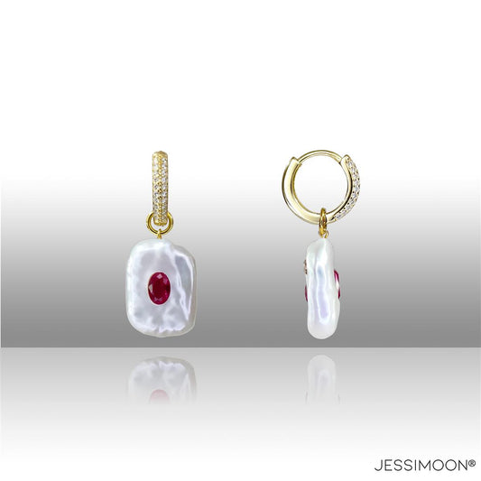 Dopamine Red Ruby, Sapphire & Baroque Pearl Hoop Earrings