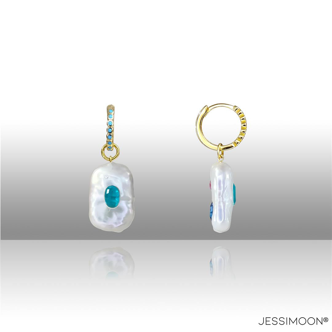 Dopamine Paraiba Color Crystal, Sapphire & Baroque Pearl Hoops