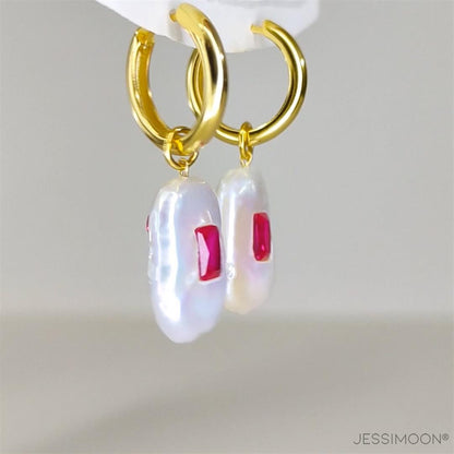 Dopamine Red Ruby, Sapphire & Baroque Pearl Hoop Earrings