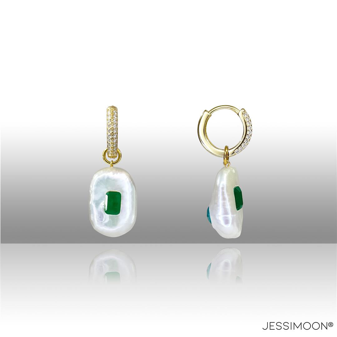 Dopamine Emerald Color Crystal, Spinel & Baroque Pearl Hoops