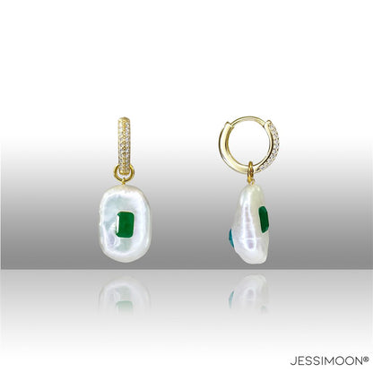 Dopamine Emerald Color Crystal, Spinel & Baroque Pearl Hoops