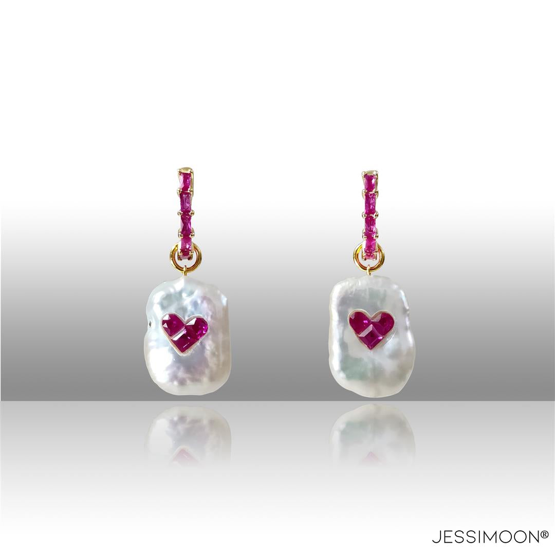 Dopamine Heart Ruby, Sapphire & Baroque Pearl Hoop Earrings