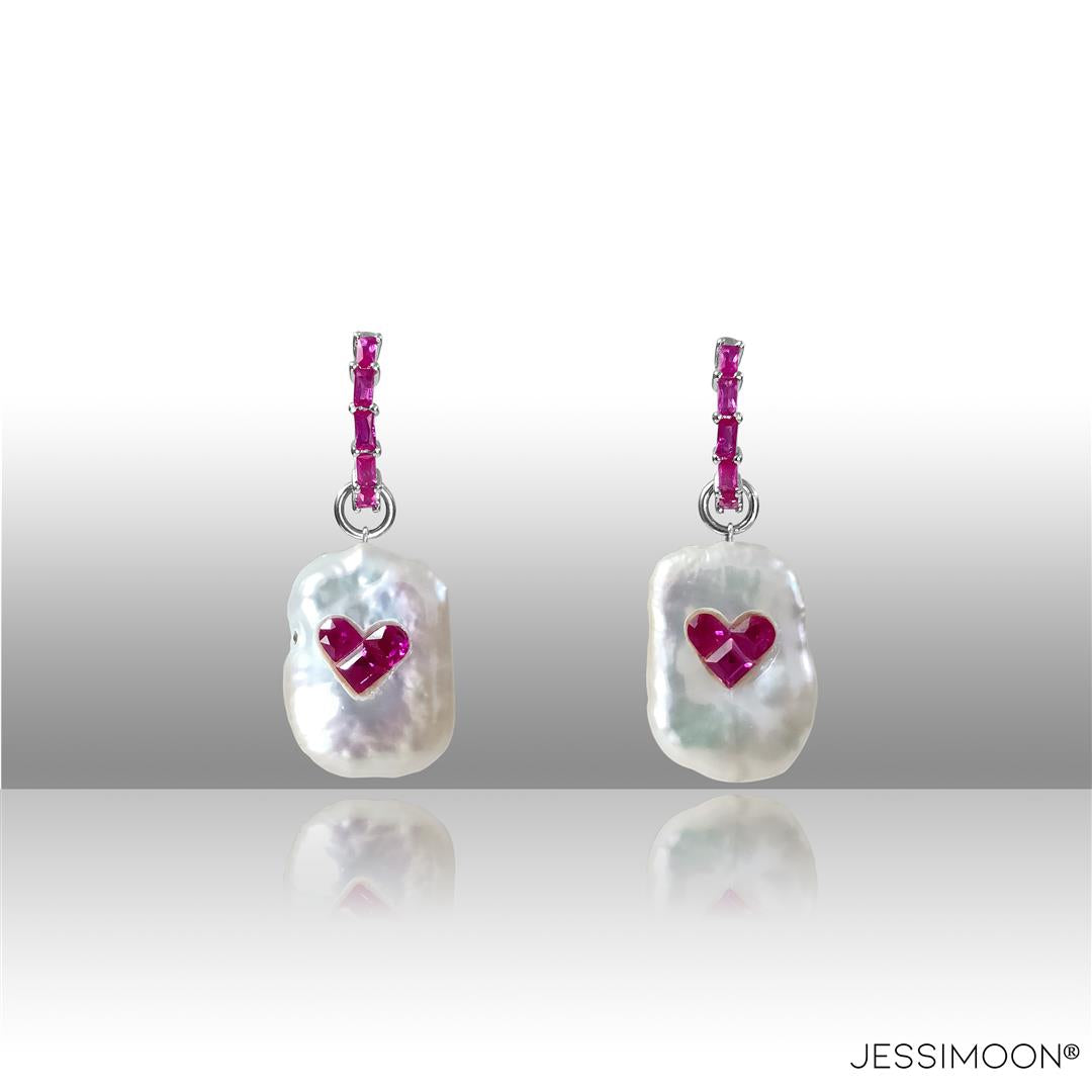 Dopamine Heart Ruby, Sapphire & Baroque Pearl Hoop Earrings