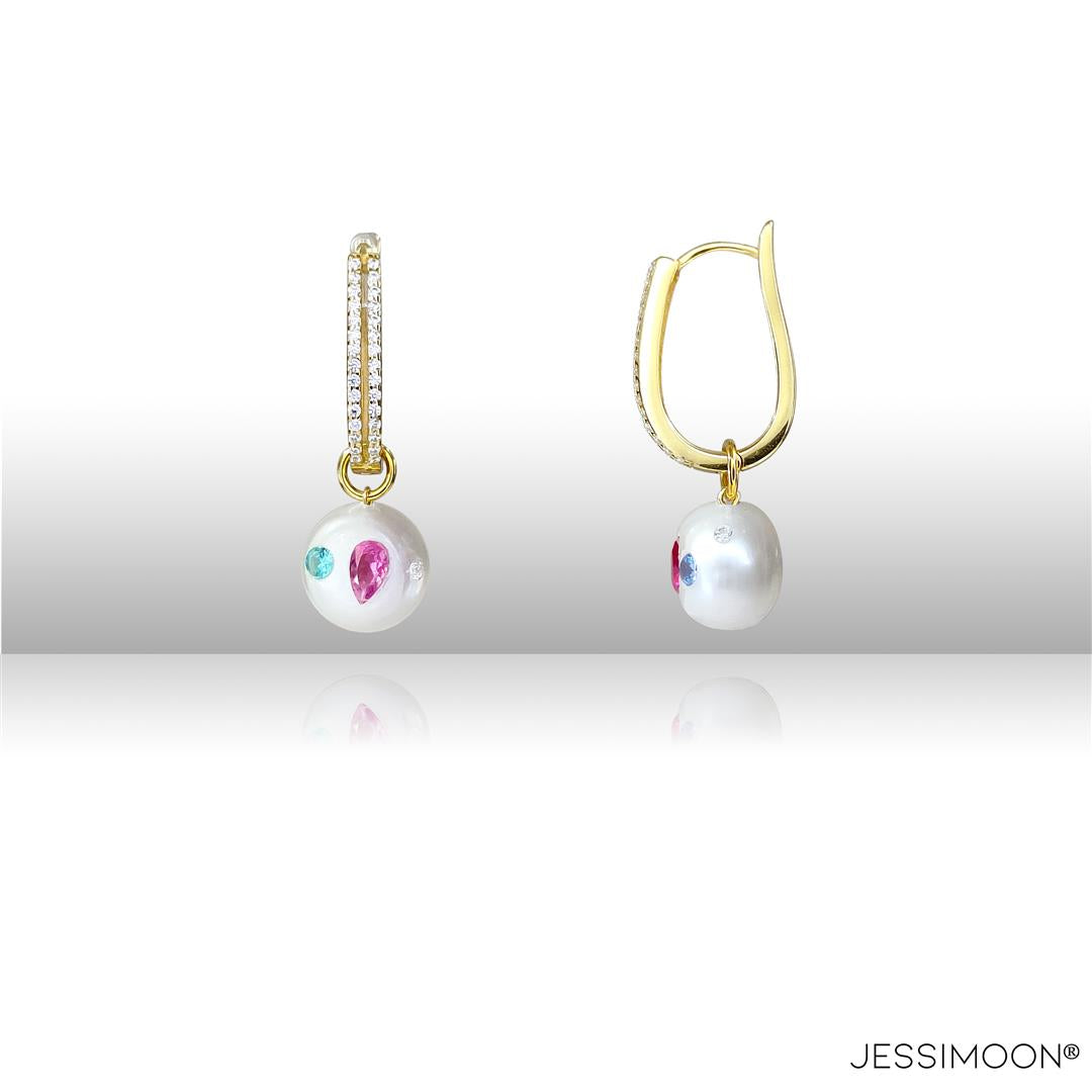 Dopamine Pear Ruby, Spinel & 10.5mm Pearl Hoop Earrings