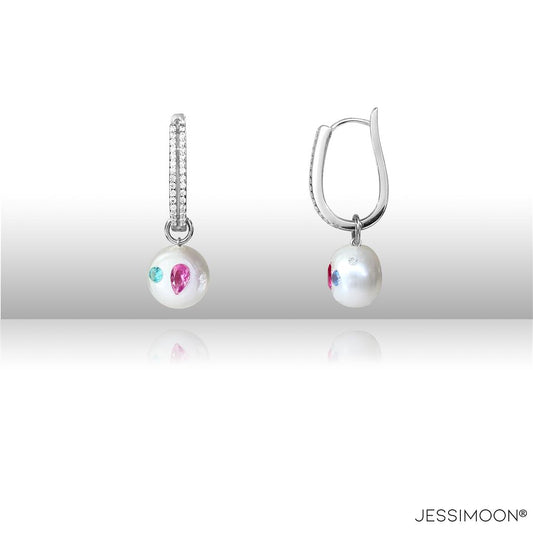 Dopamine Pear Ruby, Spinel & 10.5mm Pearl Hoop Earrings