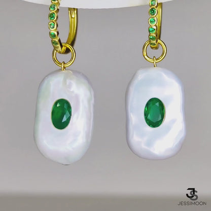 Dopamine Emerald Color Crystal, Sapphire & Baroque Pearl Hoops