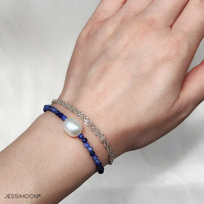 Blue Sapphire Beads and 10mm Oval Pearl Multiway Bracelet⇄Necklace