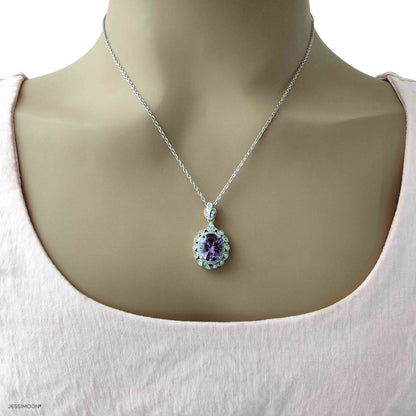 8*10mm Purple Sapphhire Floral Pendant Necklace, 12 Birthstone Options, 10.5"-20" Adjustable