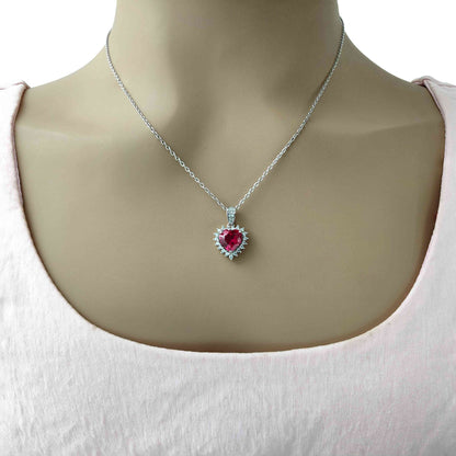 8mm Heart Cut Ruby Halo Pendant Necklace, 7+ Gemstone Options, 10.5"-20" Adjustable