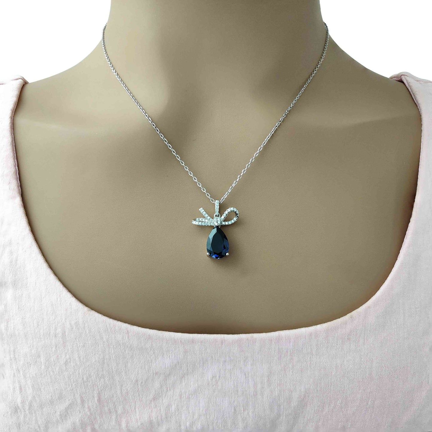 8*12mm Blue Sapphire Elegant Bow Pendant Necklace, 5+ Gemstone Options, 10.5"-20" Adjustable