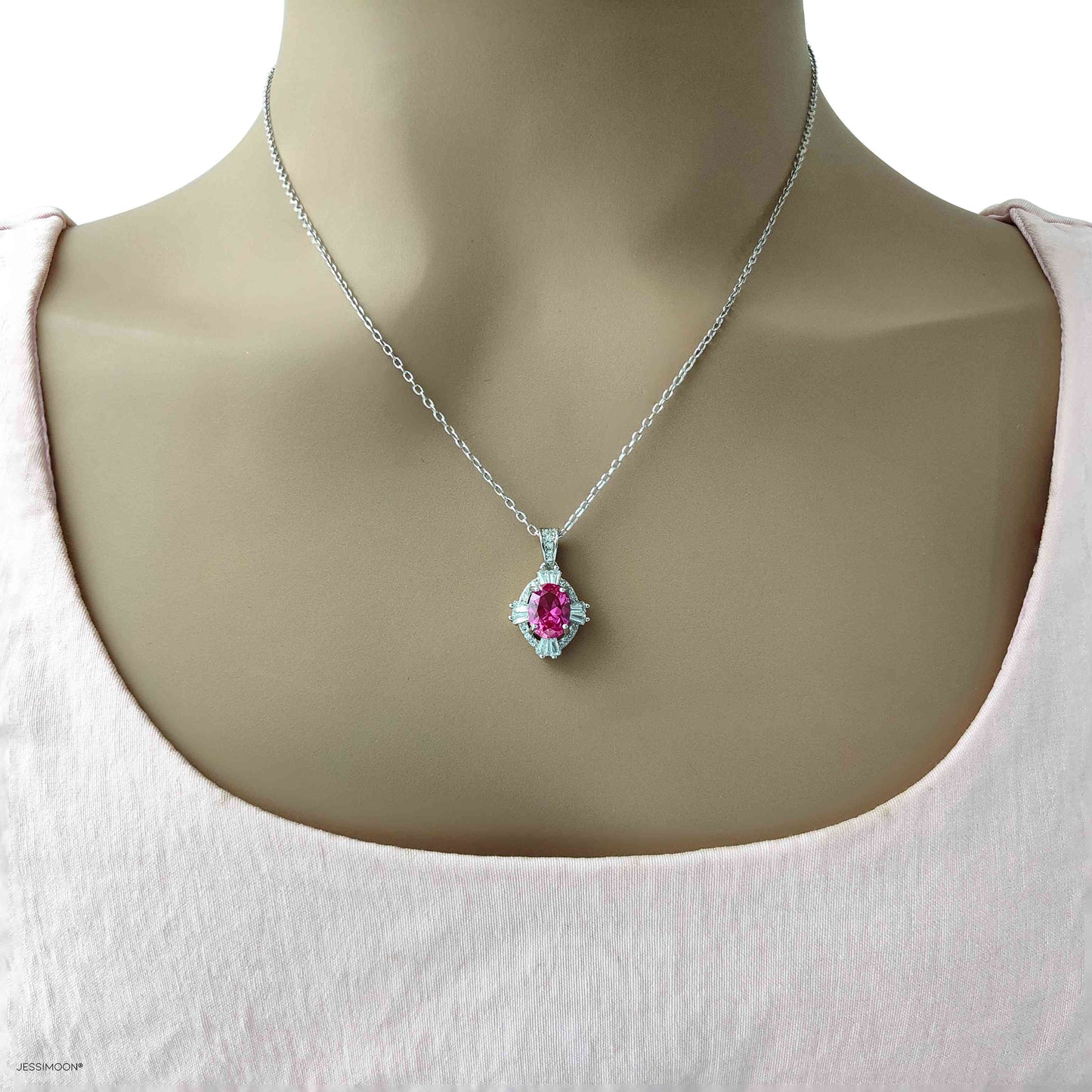 6*8mm Rose Red Ruby Rhombus Shape Pendant Necklace, 12 Birthstone Options, 10.5"-20" Adjustable