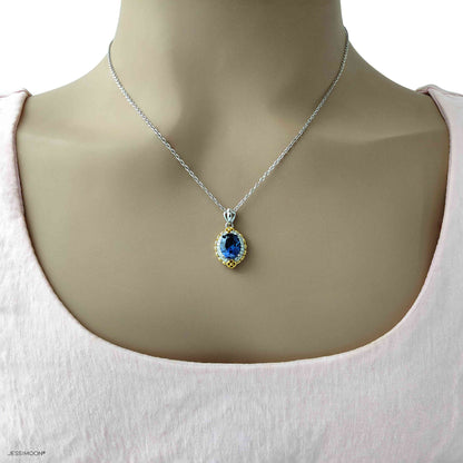 7*9mm Blue Sapphire Two Tones Vintage Design Pendant Necklace, 12 Birthstone Options, 10.5"-20" Adjustable