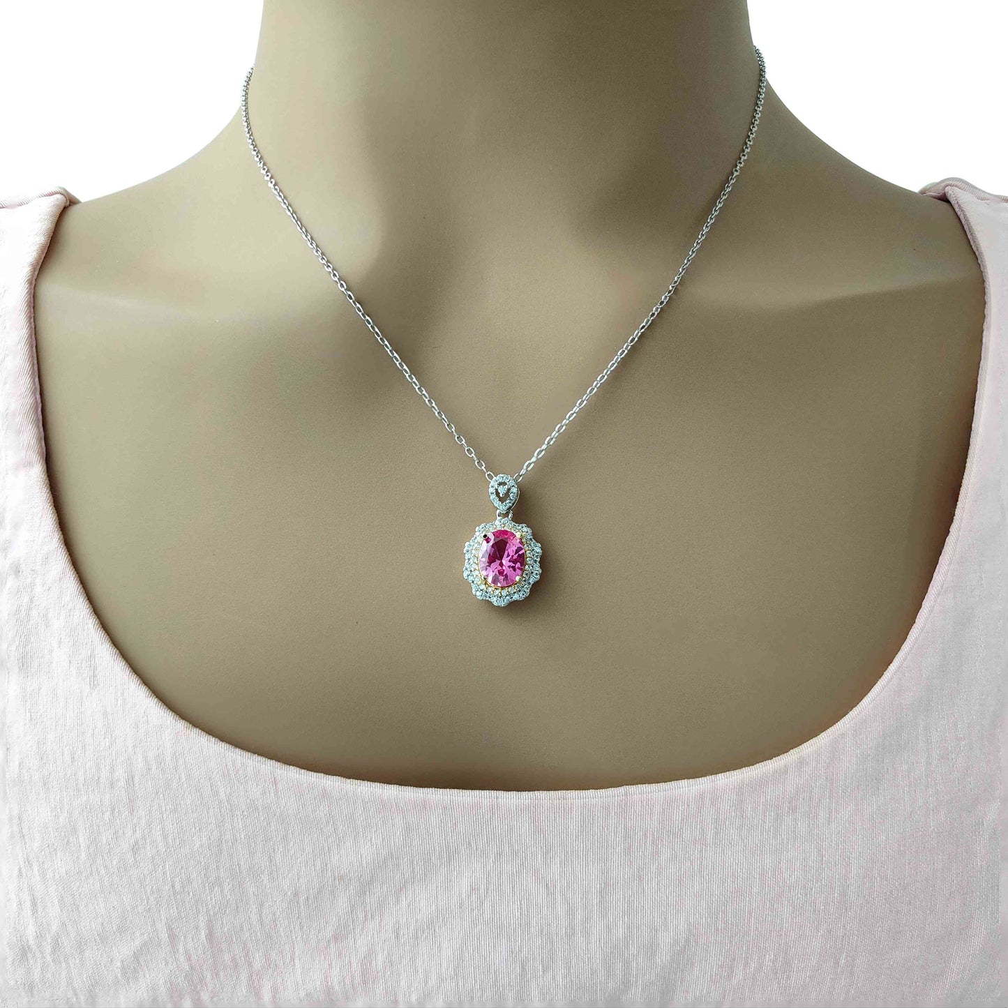 7*9mm Pink Sapphire Two Tones Floral Pendant Necklace, 12 Birthstone Options, 10.5"-20" Adjustable