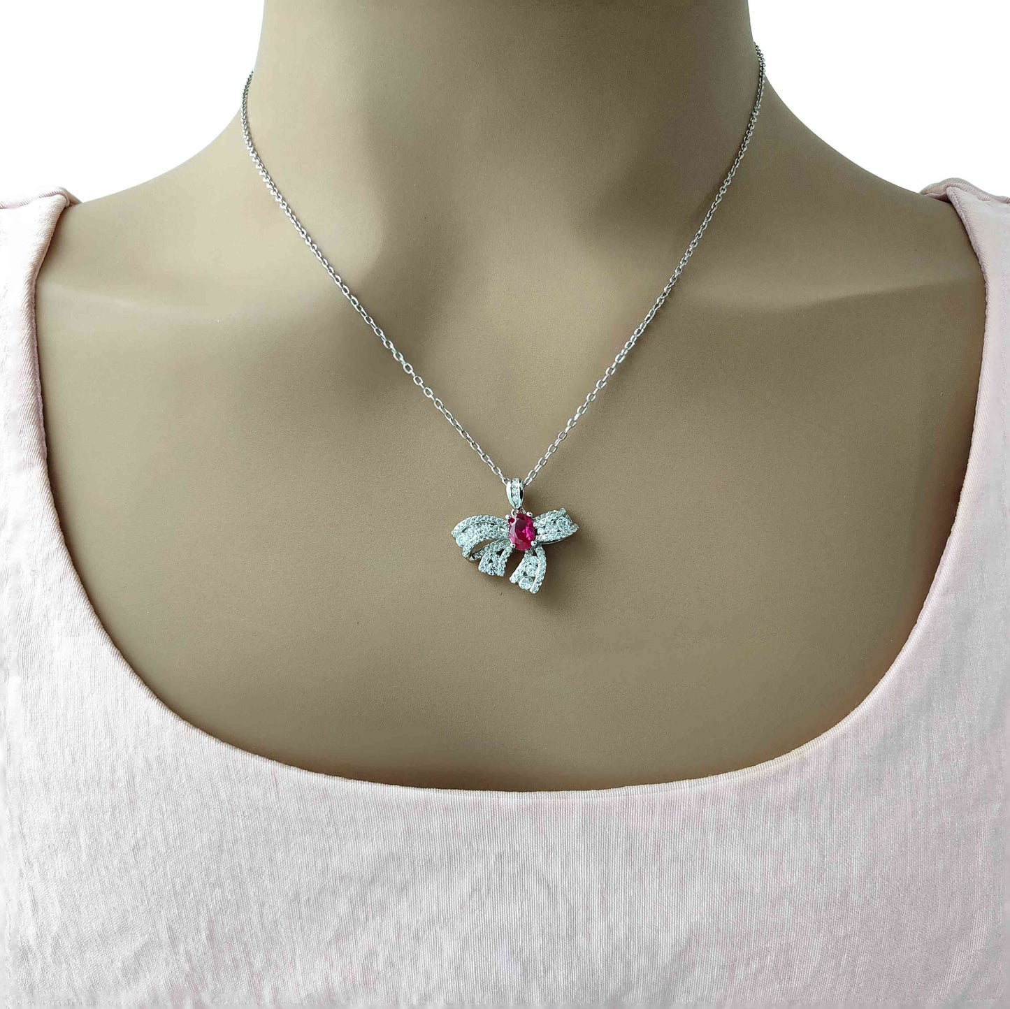 4*6mm Red Ruby Luxury Bow Pendant Necklace, 12 Birthstone Options, 10.5"-20" Adjustable