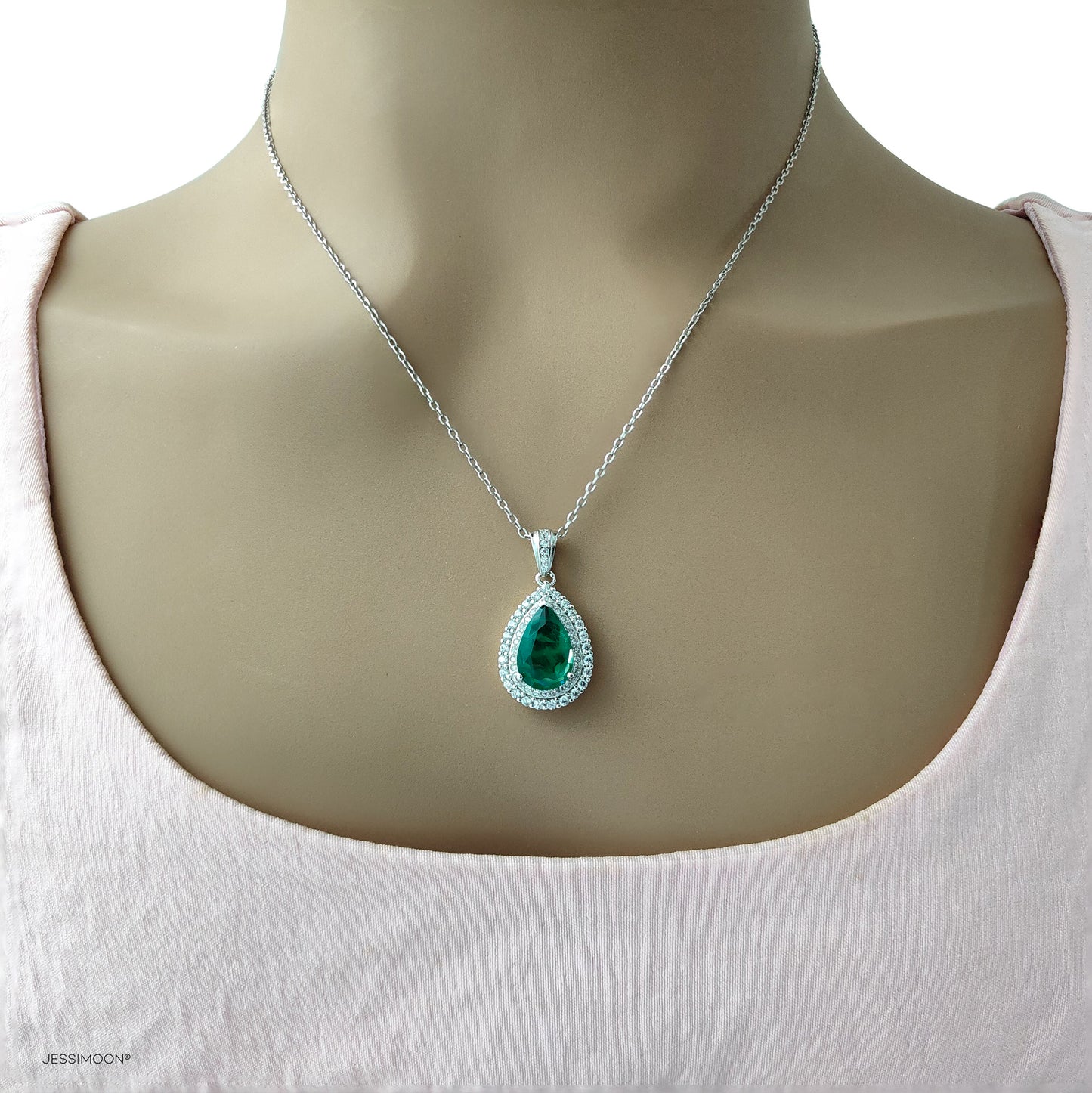 8*12mm Pear Crystal Emerald Double Halo Pendant Necklace, 5+ Gemstone Options, 10.5"-20" Adjustable