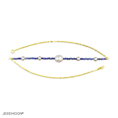 Tiny Blue Sapphire Beads and 6-10mm Pearls Multiway Bracelet⇄Necklace